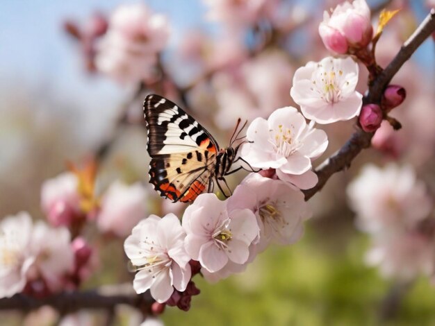 Butterfly on spring blooming fruit trees Background with selective focus and copy space