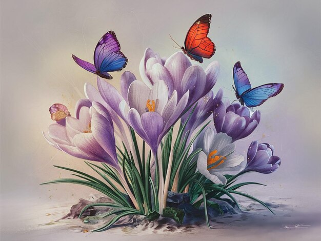 Butterfly on spring crocus flowers