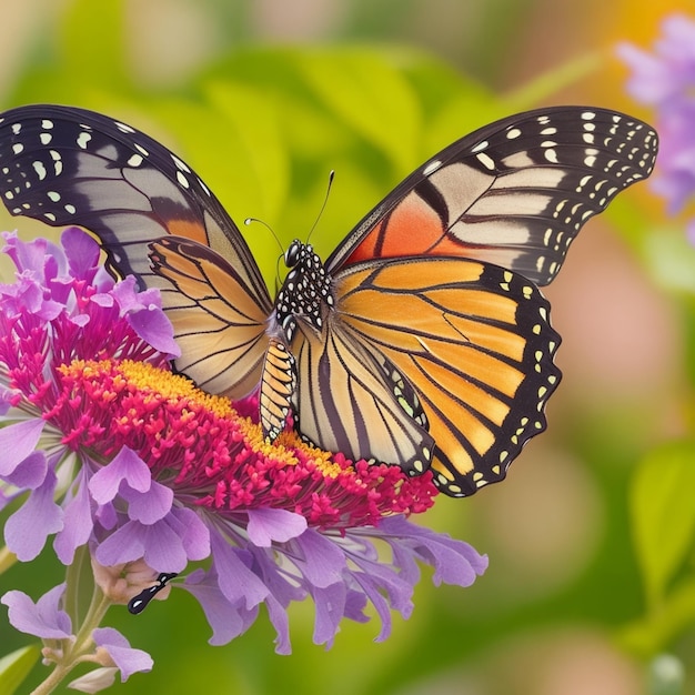 AI가 생성한 날개를 펴고 꽃 위에 서 있는 나비