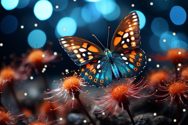 Photo butterfly and stars in a cosmic night sky