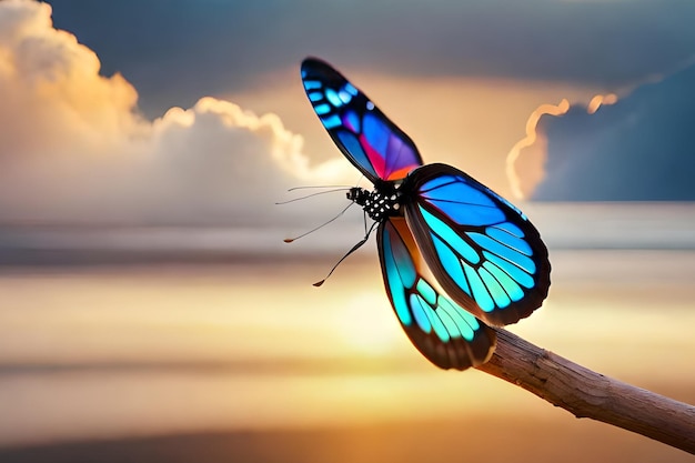 A butterfly on a stick with the sun behind it