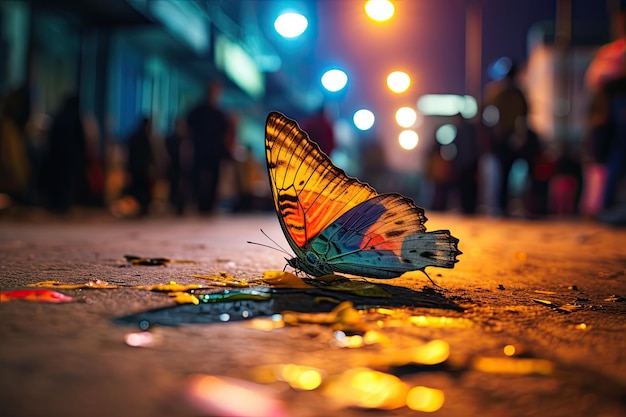 Бабочка на улице ночью в Бангкоке, Таиланд, красочная бабочка на тротуаре оживленной улицы, много людей, ночная макрофотография, созданная AI