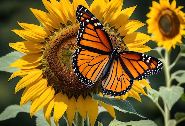 a butterfly on a sunflower with a butterfly on the top