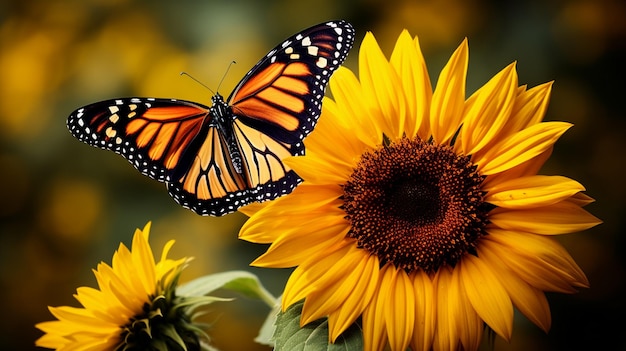 a butterfly on a sunflower with a butterfly on the top