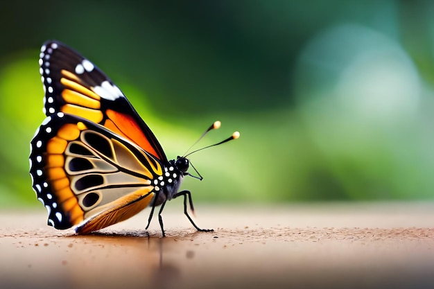 A butterfly on a table with a green background