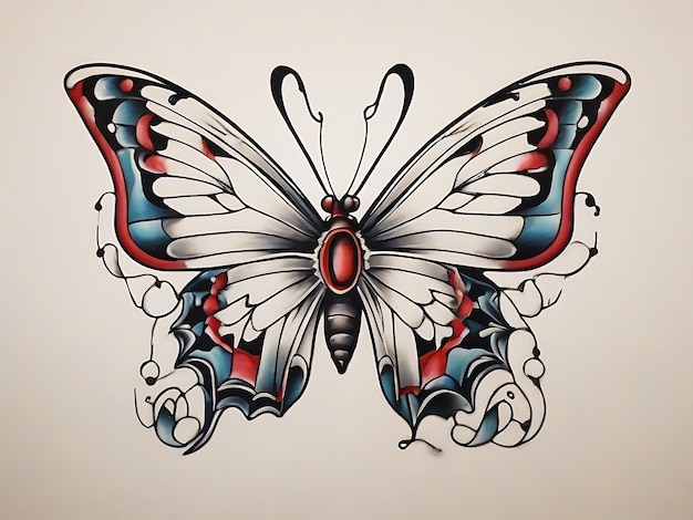 蝶のタトゥー 伝統的なオールドスクール アメリカンボールドライン 白い背景