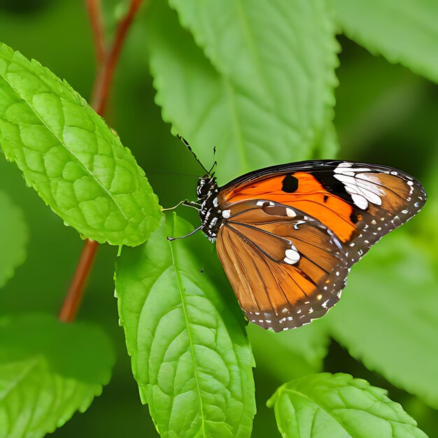 a butterfly that is on a green leaf