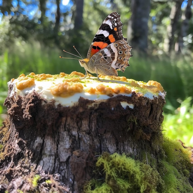 Butterfly on top of birthday birthday cake in a park AI Generated Image