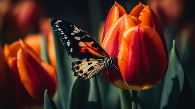 A butterfly on a tulip in the garden