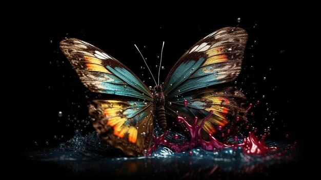 Butterfly on the water with drops of water on a black backgroundgenerative ai