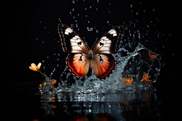 Бабочка над водой с брызгами на черном фоне
