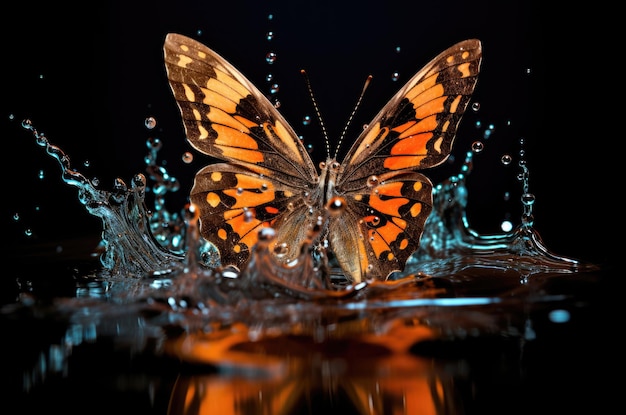 Butterfly over water with splashes on a black background