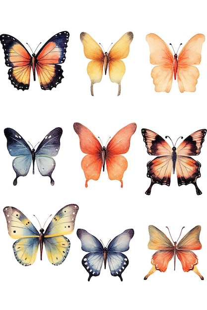 나비 수채화 클립 아트 귀여운 생성 AI 기술과 흰색 배경에 고립