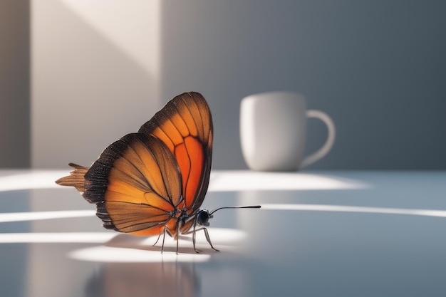 白い背景の上の蝶白い背景の上の蝶白いカップの中の蝶