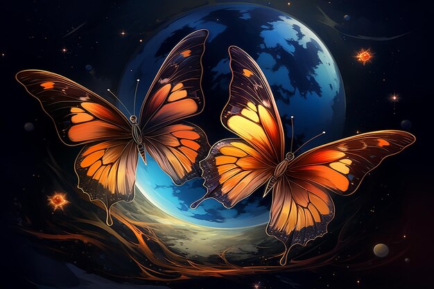 Photo butterfly wings flying near the moon