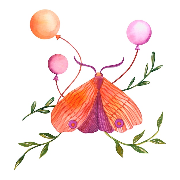 Photo butterfly with balls watercolor illustration