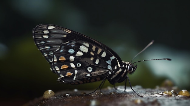 A butterfly with black wings and white, blue, and yellow markings on its wings is sitting on a wet log.