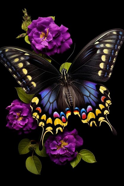 butterfly with black wings and yellow spots on its wings and purple flowers generative ai