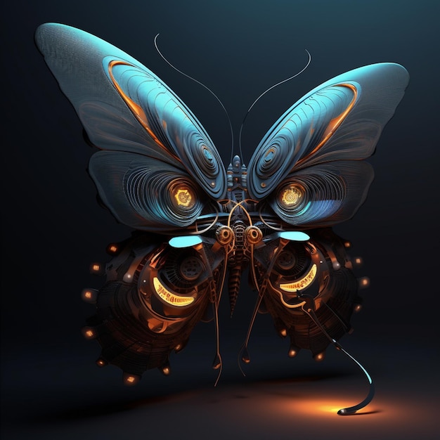 A butterfly with a blue background and gold and blue colors.