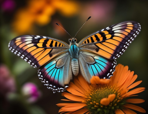 A butterfly with blue and black wings and yellow wings is on a flower.