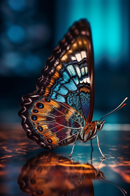 A butterfly with a blue and brown wings.