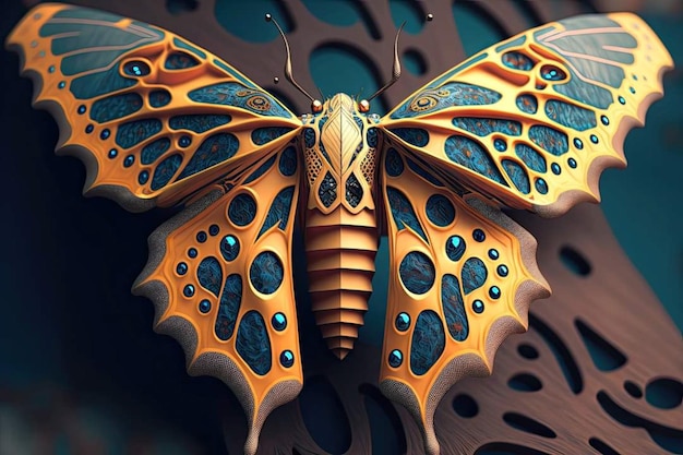 Photo a butterfly with blue and gold wings and a black and gold pattern on it.