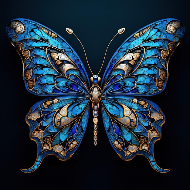 a butterfly with blue and gold wings is shown