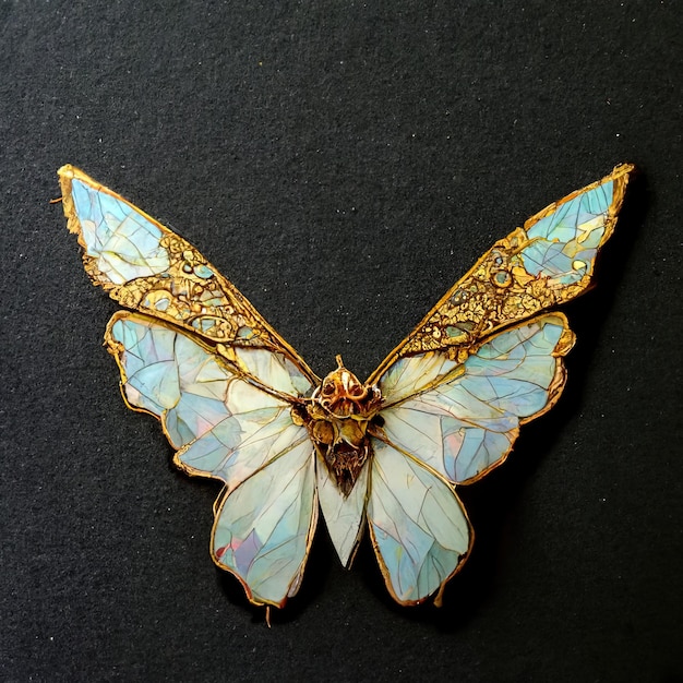 a butterfly with a blue and gold wings on it