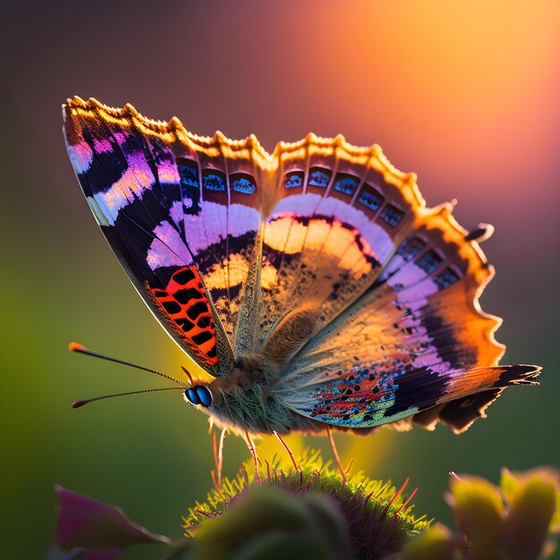 A butterfly with blue and orange markings is sitting on a plant