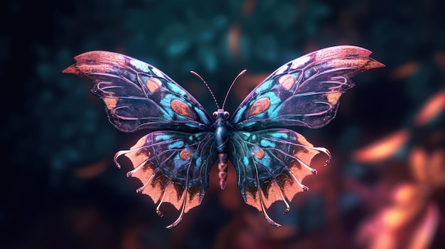 파란색과 주황색 날개를 가진 나비가 어두운 배경에 표시됩니다.