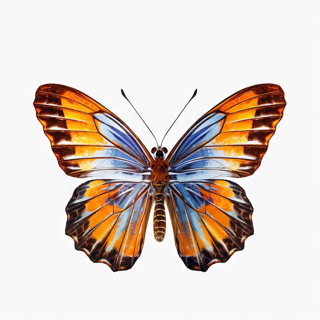 A butterfly with blue and orange wings with a white background