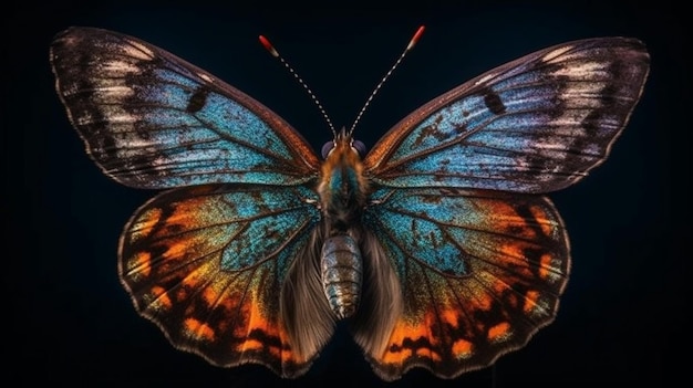 파란색과 주황색 날개를 가진 나비와 옆면에 "나비"라는 단어가 있습니다.