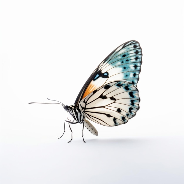 A butterfly with blue and white markings is on a white background.