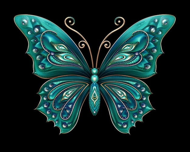 butterfly with blue wings and green wings with pearls on its wings generative ai