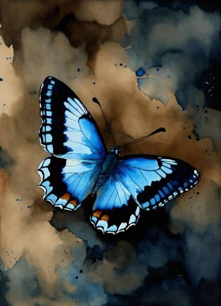 a butterfly with blue wings is on a brown and black background