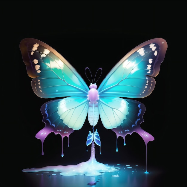 A butterfly with blue wings is painted on a black background.