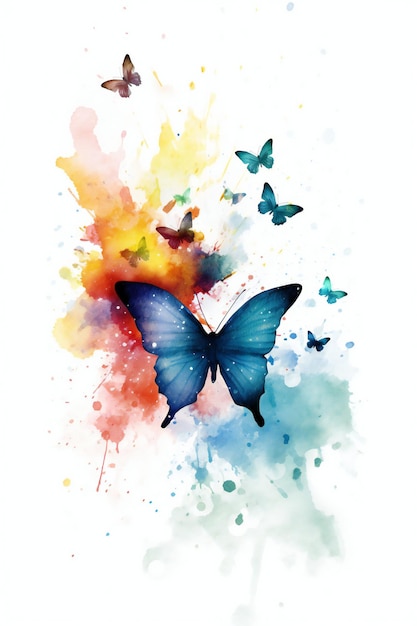 カラフルな背景に青い翼を持つ蝶が表示されます。