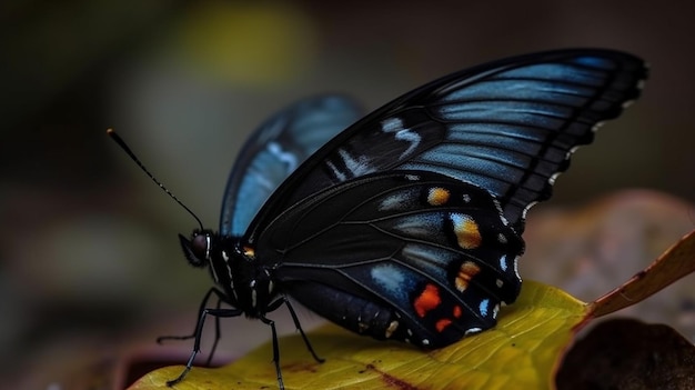 A butterfly with blue wings and orange spots on its wings