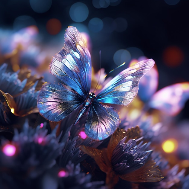 A butterfly with blue wings and a pink light on it