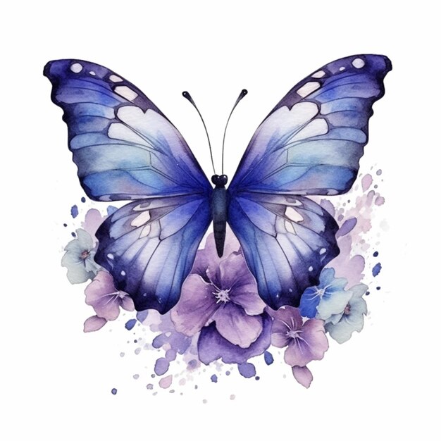 butterfly with blue wings and purple flowers on white background generative ai