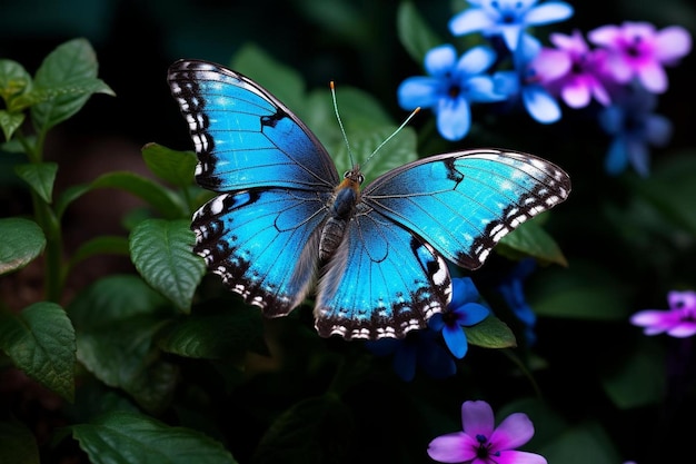 A butterfly with blue wings sits on a flower.