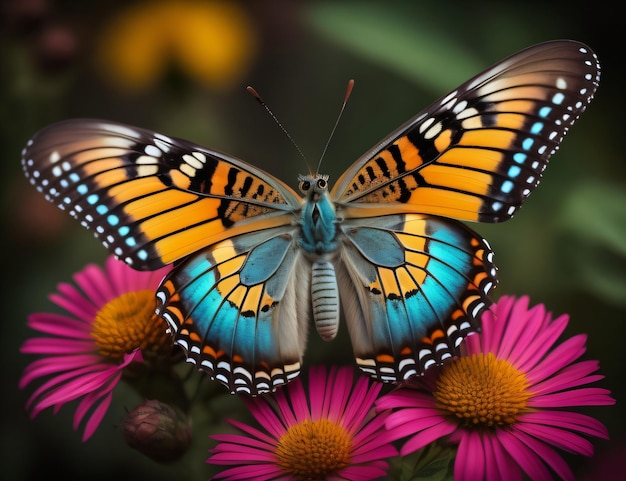 Бабочка с голубыми крыльями и желтыми крыльями сидит на розовом цветке.