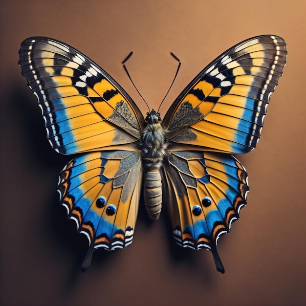 A butterfly with blue and yellow wings is on a brown background.