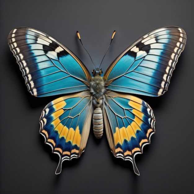 A butterfly with blue and yellow wings is displayed on a black background.