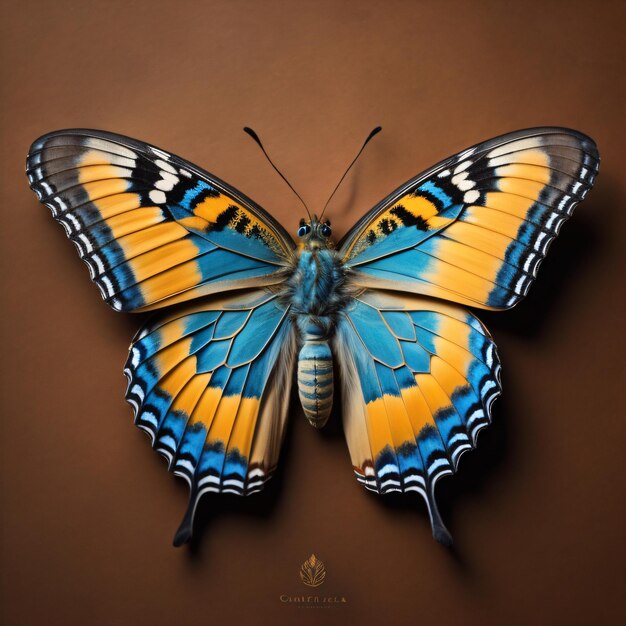 A butterfly with blue and yellow wings is displayed on a brown background.