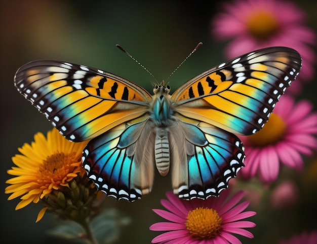 A butterfly with blue and yellow wings is in front of a pink flower.