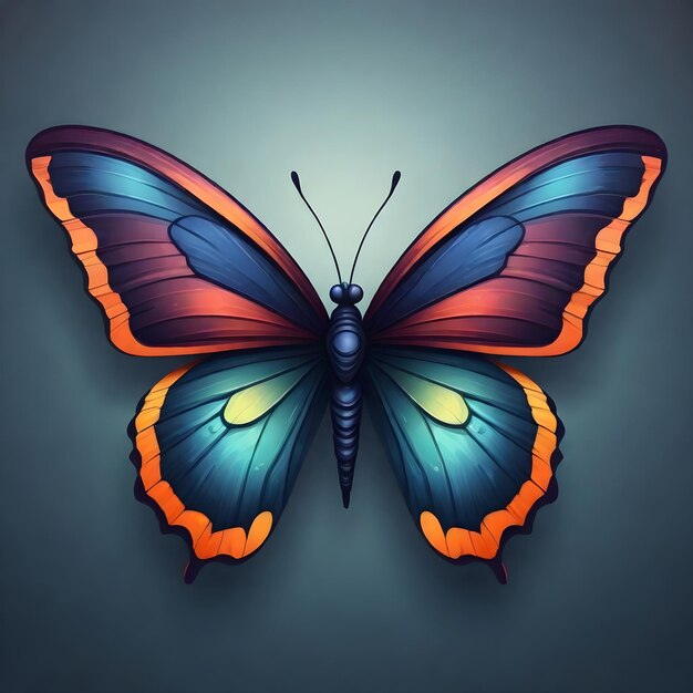 a butterfly with a blue and yellow wings is painted on a gray background