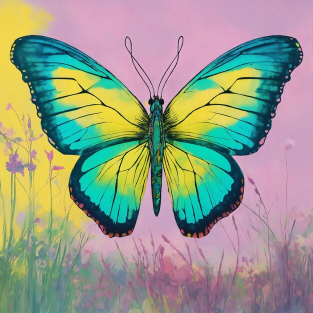 a butterfly with blue and yellow wings is shown in this image