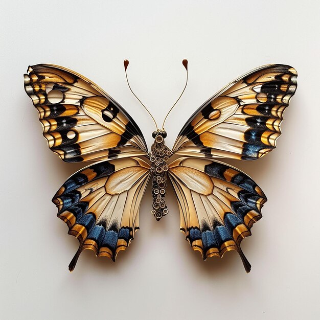 a butterfly with blue and yellow wings is shown on a white wall