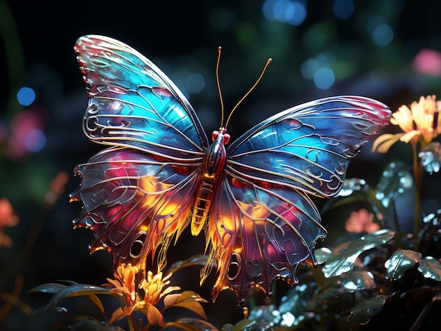 A butterfly with colorful colors sitting on a leaf in the forest